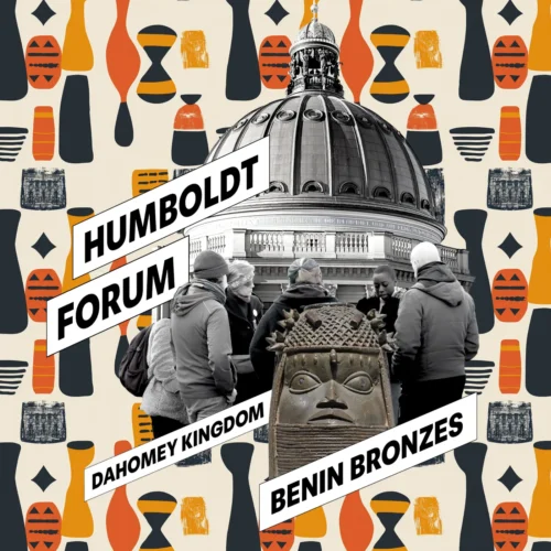 illustration_tour_through_humboldt_forum - Decolonial city tour Visitors stand in front of a statue of the Benin Bronzes in the Humboldt Forum, surrounded by an artistic backdrop.