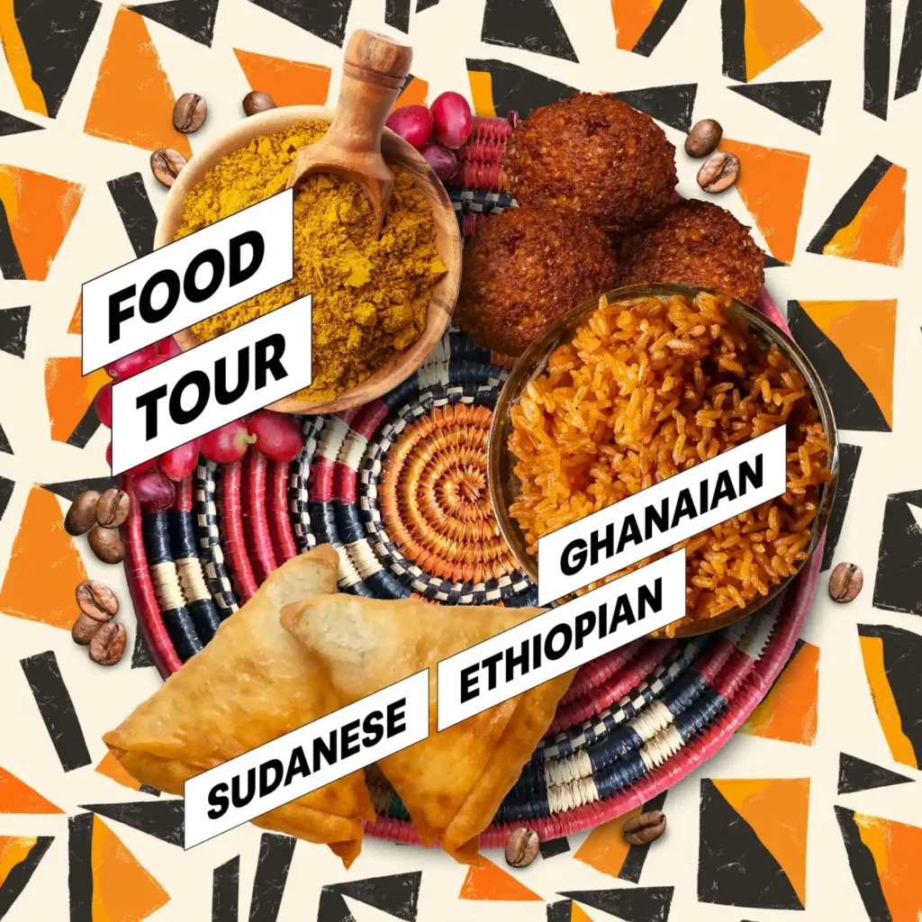 Illustration showing different kinds of foods, spices and coffee beans.