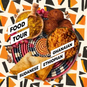 Illustration showing different kinds of foods, spices and coffee beans.