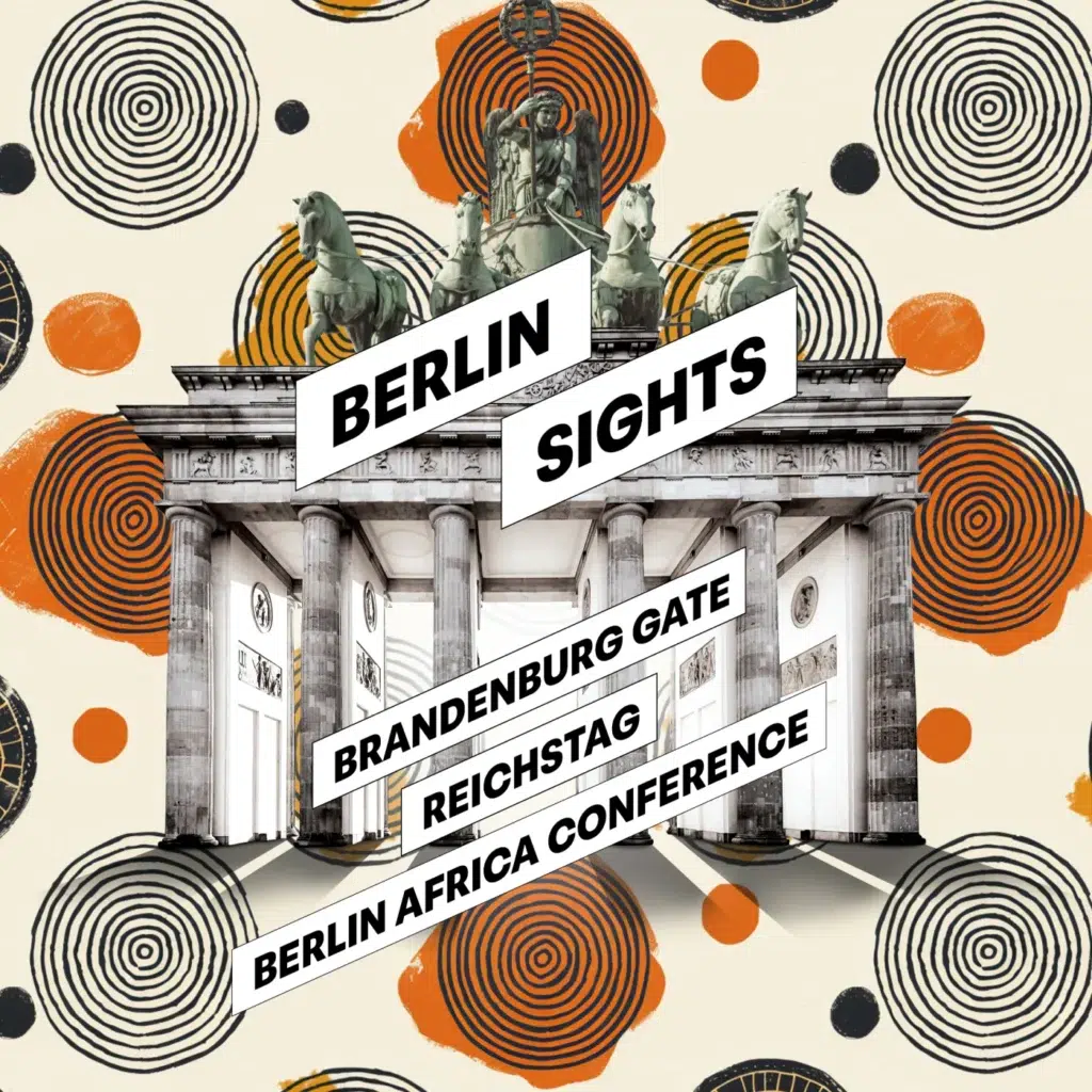 Ein Bild, das das Brandenburger Tor mit der Quadriga zeigt. Die Wörter „Berlin Sights“, „Brandenburger Tor“, „Reichstag“ und „Berliner Afrika-Konferenz“ sind darübergelegt.