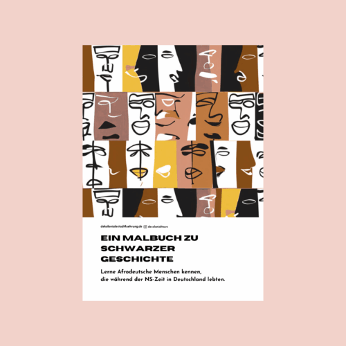 Cover eines Malbuchs mit stilisierten Gesichtern in Braun- und Beigetönen, Titel: "Ein Malbuch zu schwarzer Geschichte".