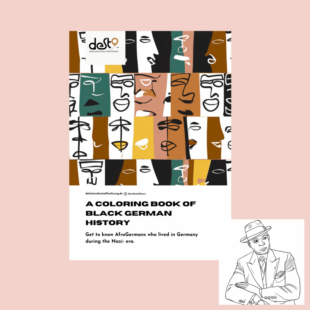 Cover of a coloring book with stylized faces in different colors and the title „A Coloring Book of Black German ...