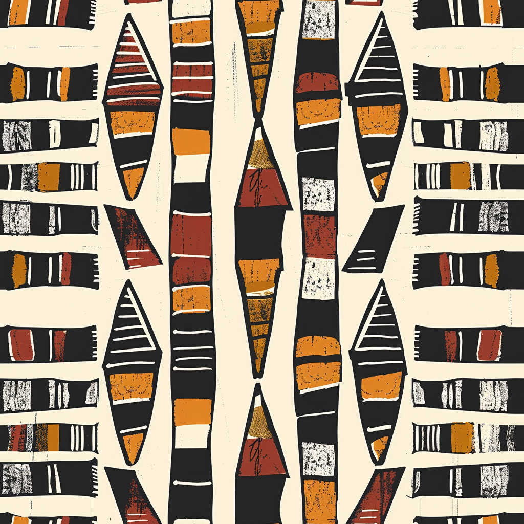 Muster aus bunten, geometrischen Formen in Schwarz, Orange und Weiß, symbolisiert kulturelle Vielfalt und Geschichte.