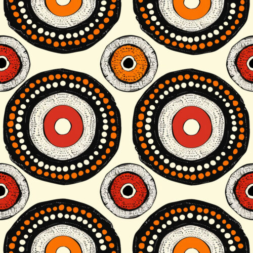 A pattern of concentric circles in black, white, orange, and red on a light background, part of the "Black Life..." theme...