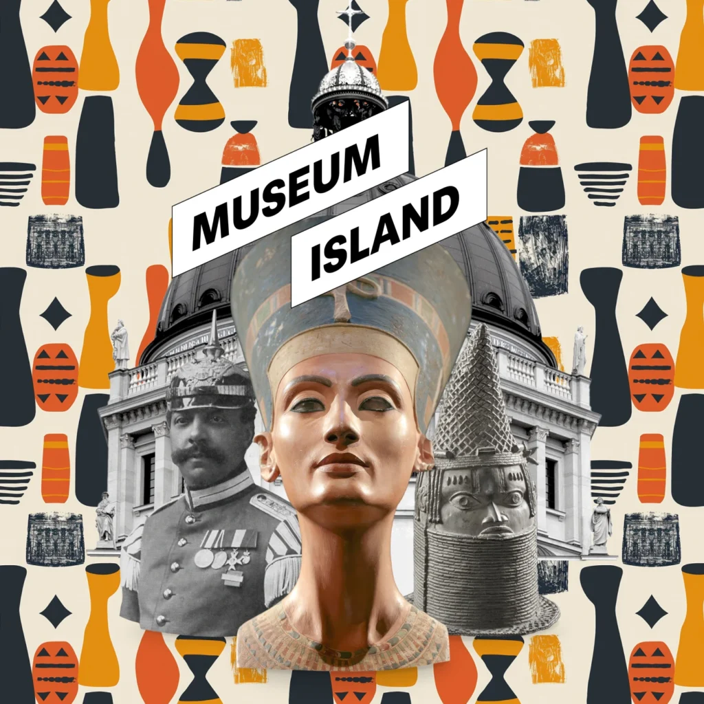 Künstlerische Collage mit dem Titel "Museum Island", zeigt historische Figuren und Artefakte vor einem bunten Hintergrund.