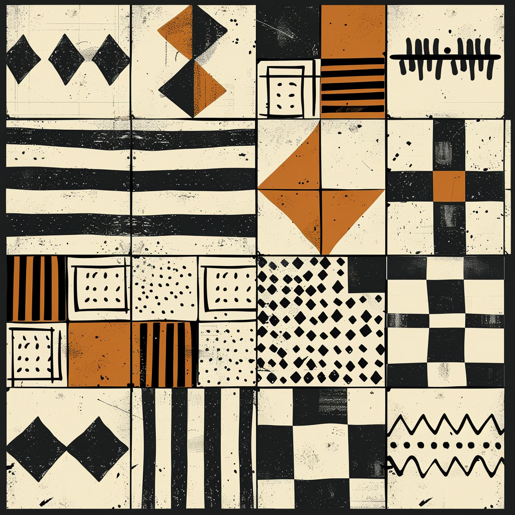 Motivos formados por figuras geométricas y líneas en negro, blanco y naranja, dispuestos en una cuadrícula.