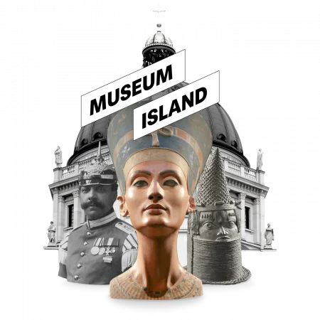 Illustration featuring the statue of Nefertiti, historical figures, and the Museum Island in Berlin in the background.